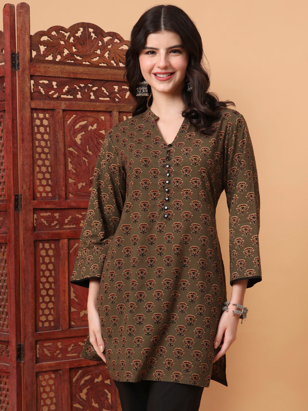 Women's Hand Block Bottle Green Kurti S2003