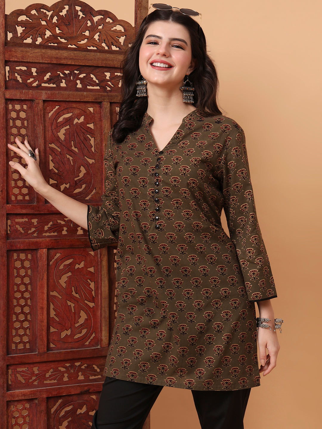Women's Hand Block Bottle Green Kurti S2003