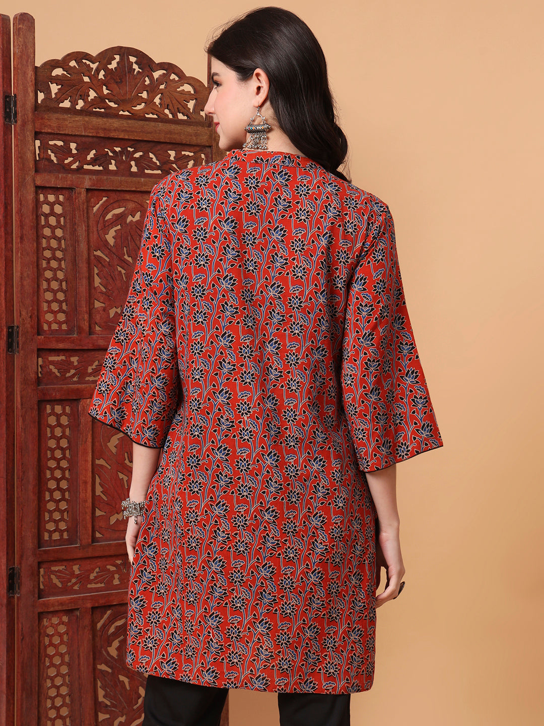 Women's Hand Block Orange Kurta 2003-A