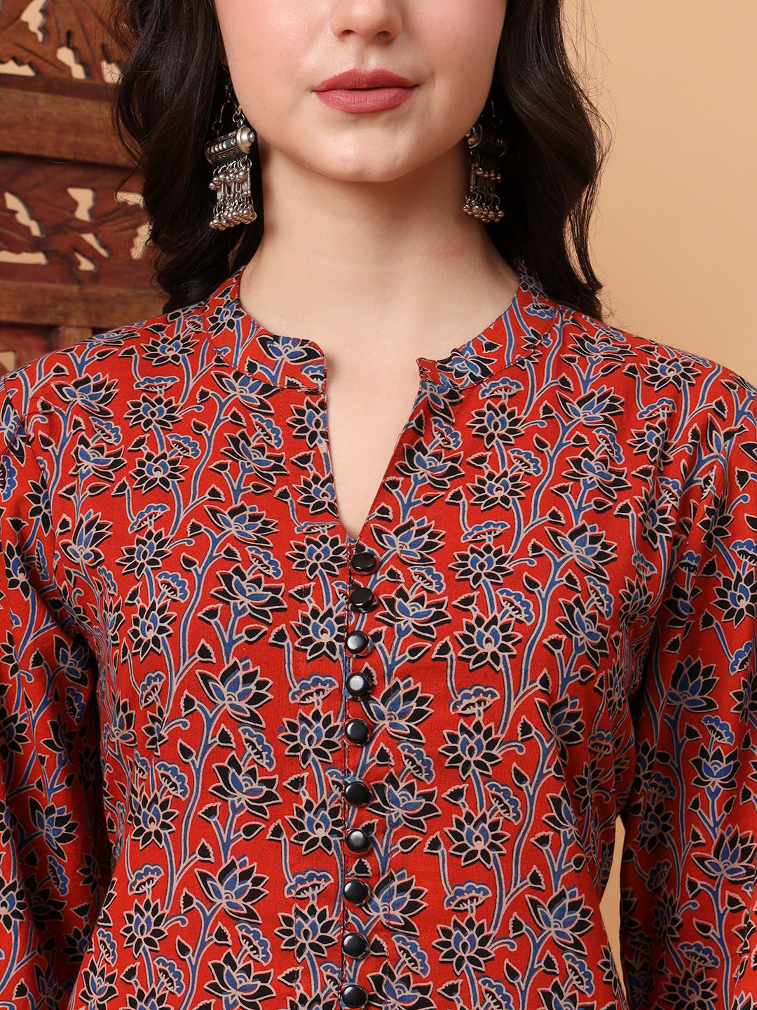 Women's Hand Block Orange Kurta 2003-A