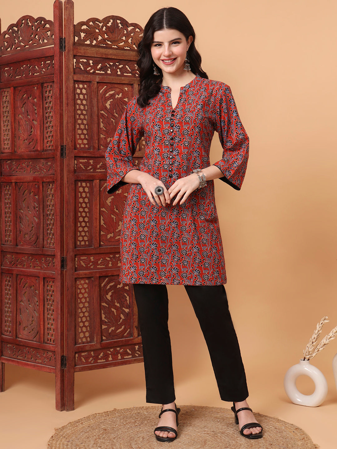 Women's Hand Block Orange Kurta 2003-A