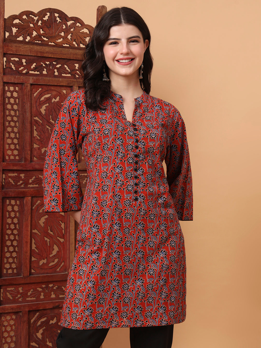 Women's Hand Block Orange Kurta 2003-A