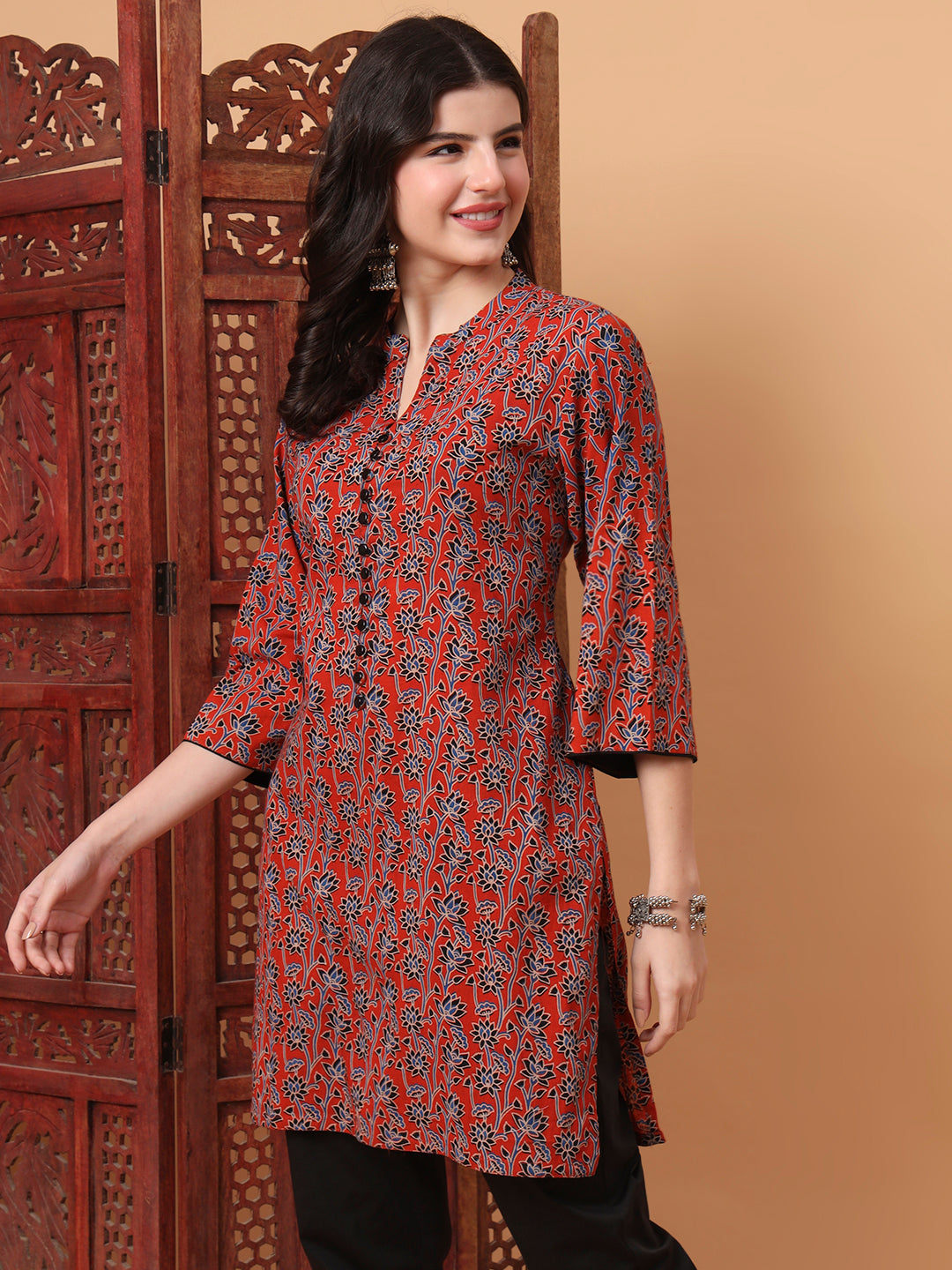 Women's Hand Block Orange Kurta 2003-A