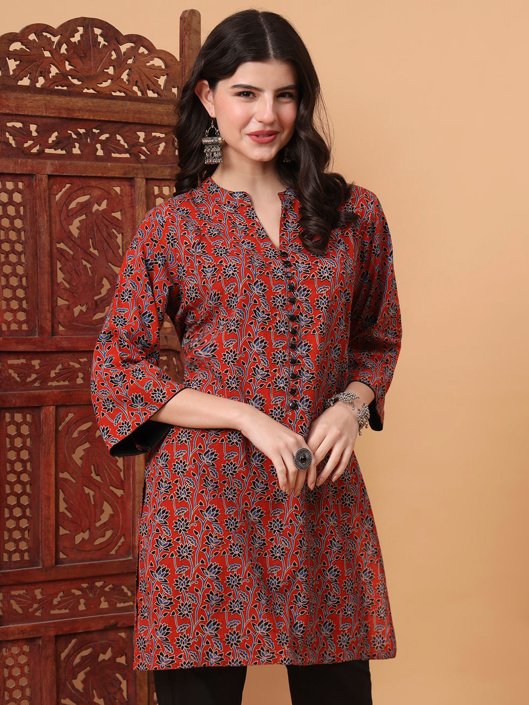 Women's Hand Block Orange Kurta 2003-A