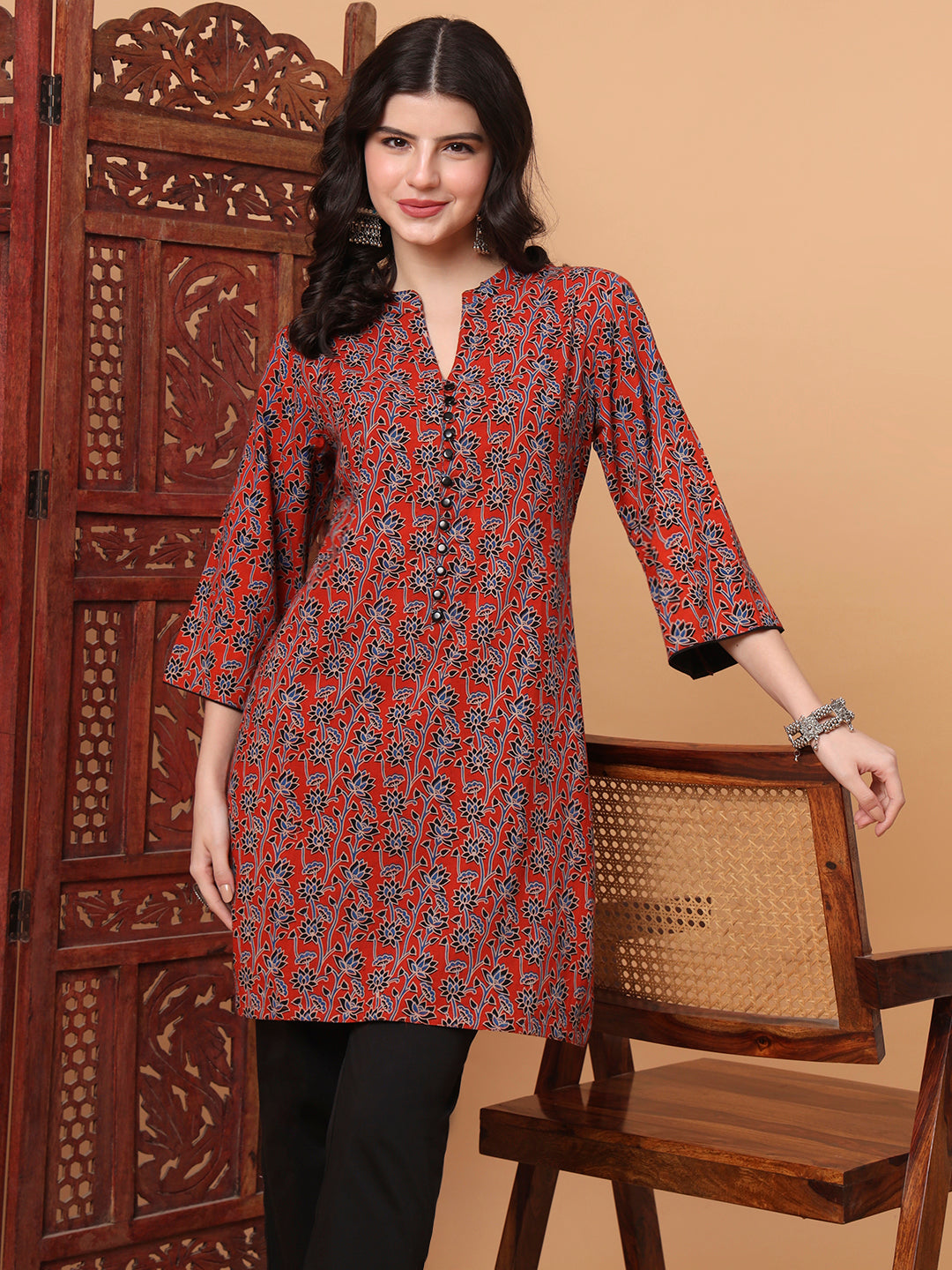 Women's Hand Block Orange Kurta 2003-A