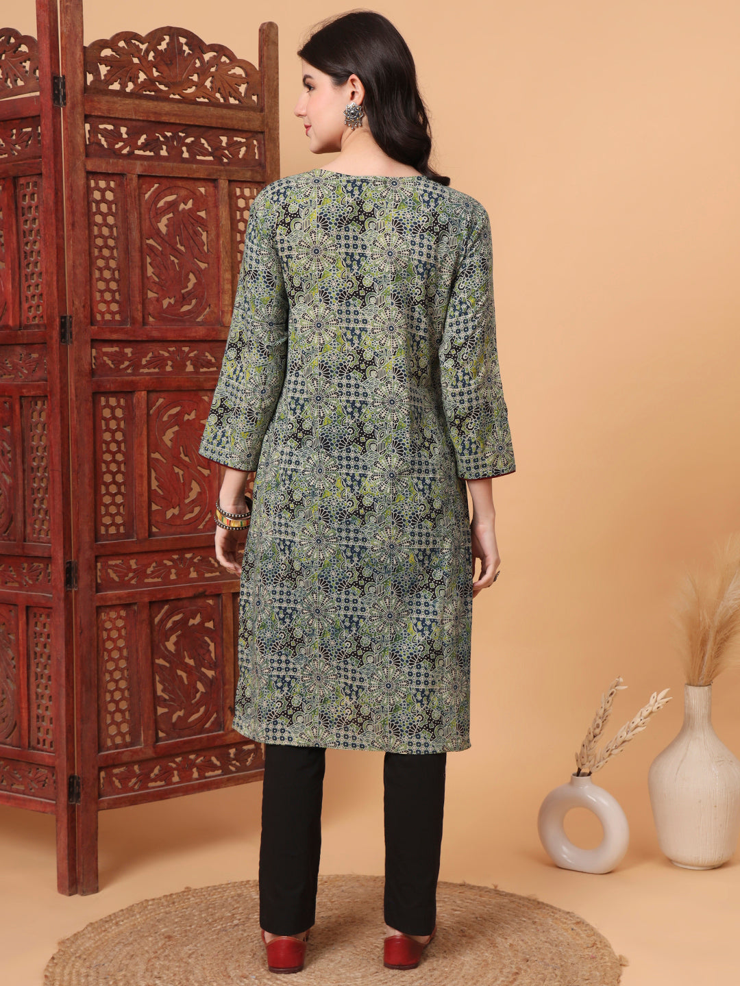 Women's Hand Block Green Kurta S2005