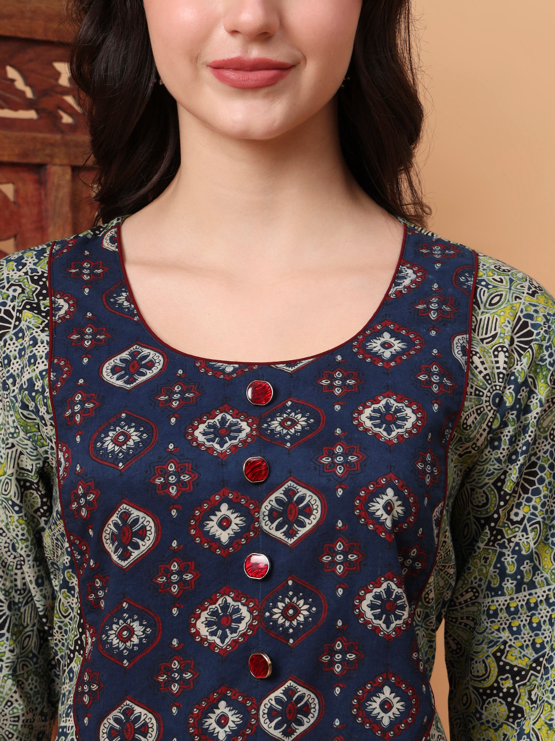 Women's Hand Block Green Kurta S2005