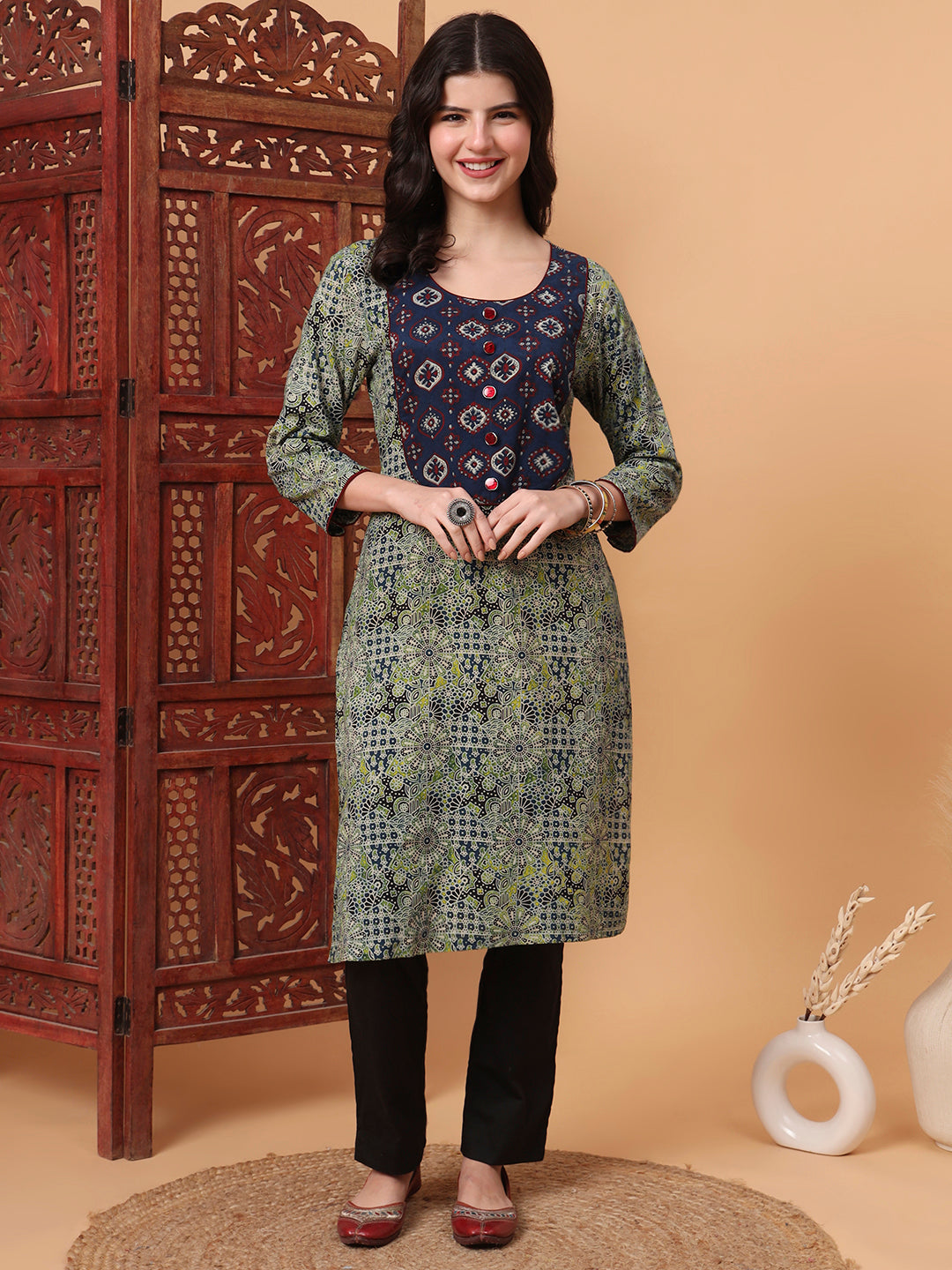 Women's Hand Block Green Kurta S2005