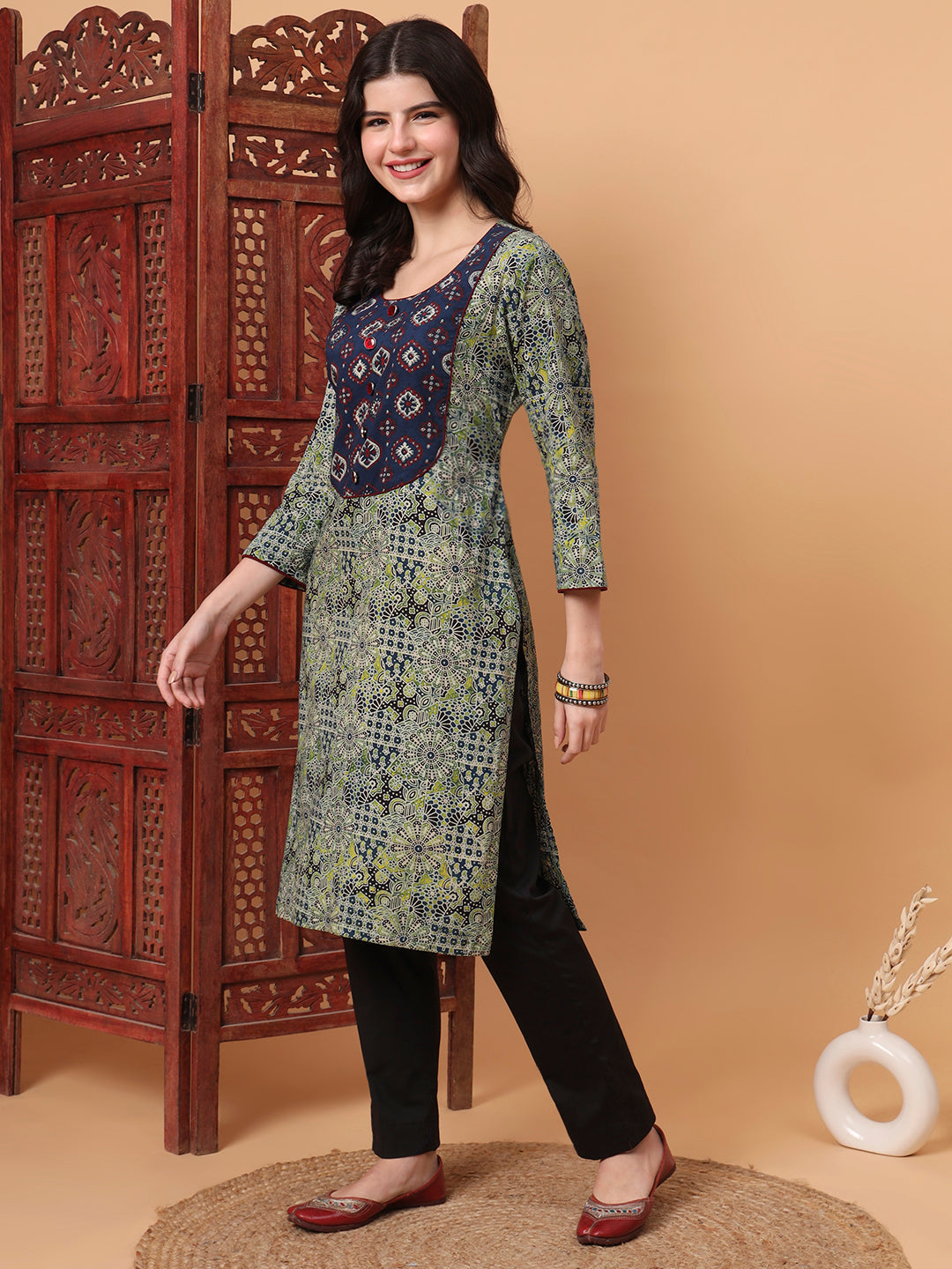 Women's Hand Block Green Kurta S2005