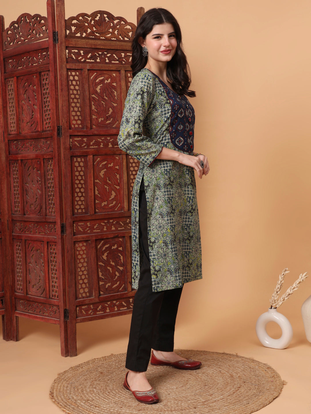 Women's Hand Block Green Kurta S2005