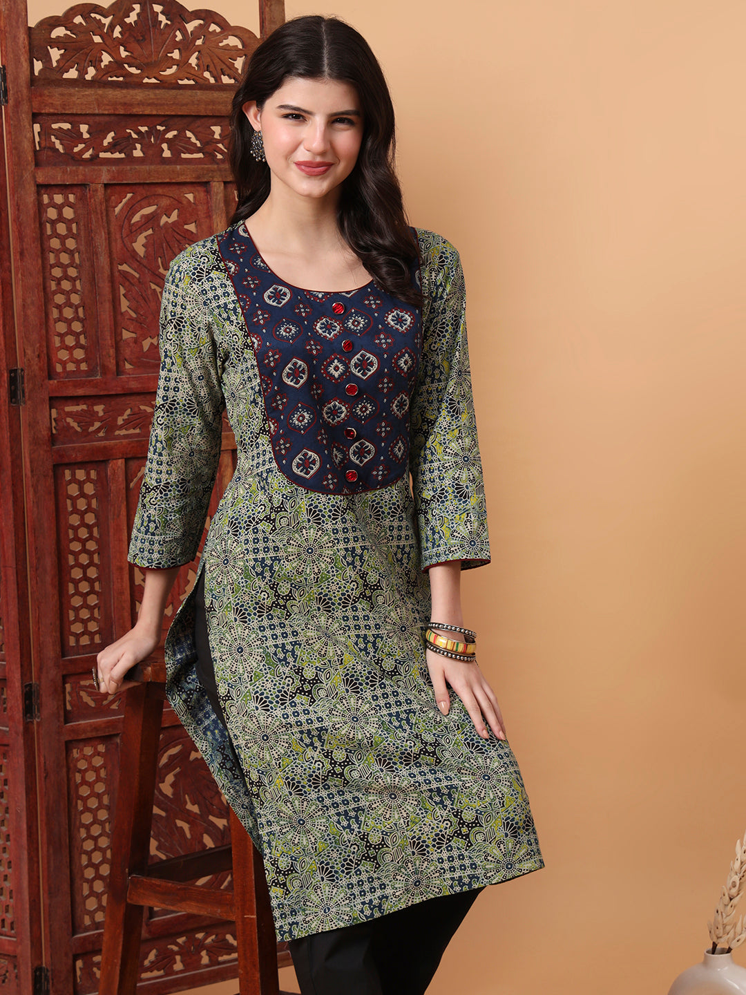 Women's Hand Block Green Kurta S2005