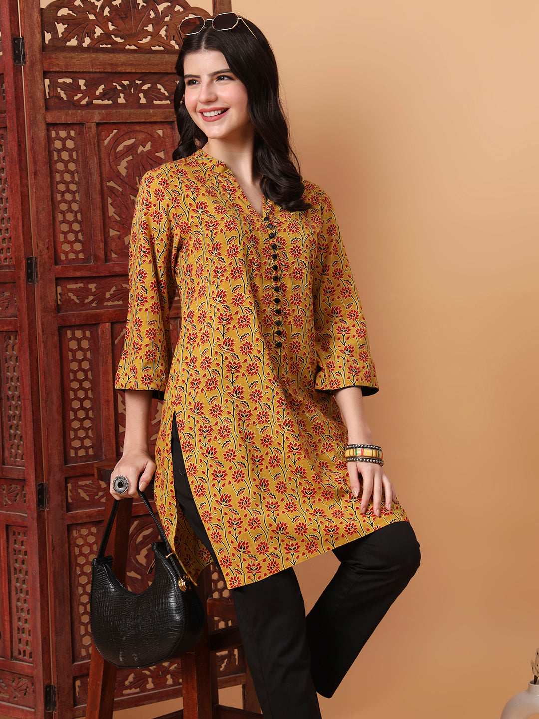 Women's Hand Block Prints Mustard Yellow Kurta 2003-B