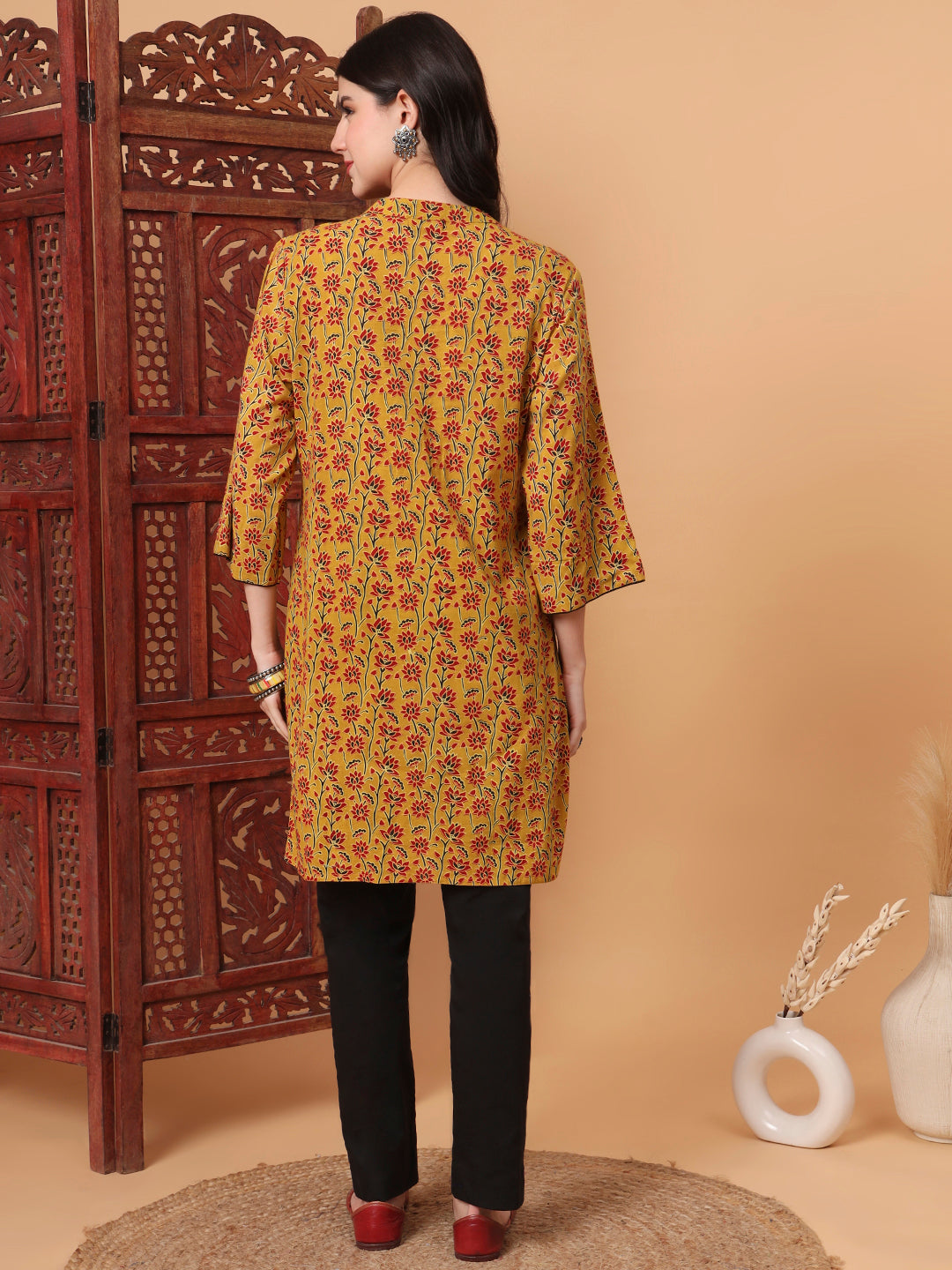 Women's Hand Block Prints Mustard Yellow Kurta 2003-B
