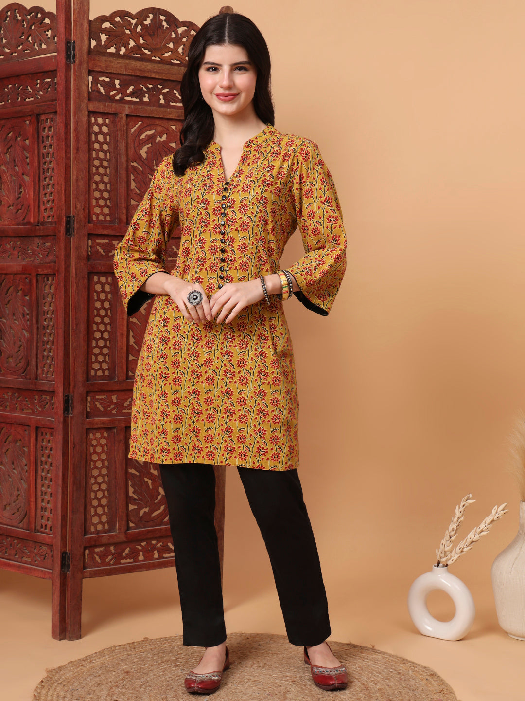 Women's Hand Block Prints Mustard Yellow Kurta 2003-B