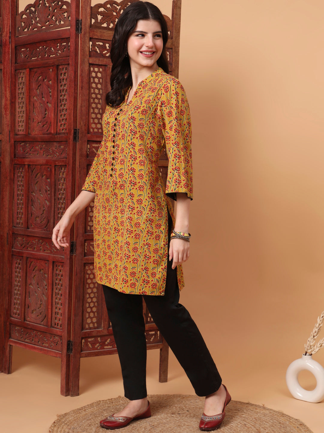 Women's Hand Block Prints Mustard Yellow Kurta 2003-B