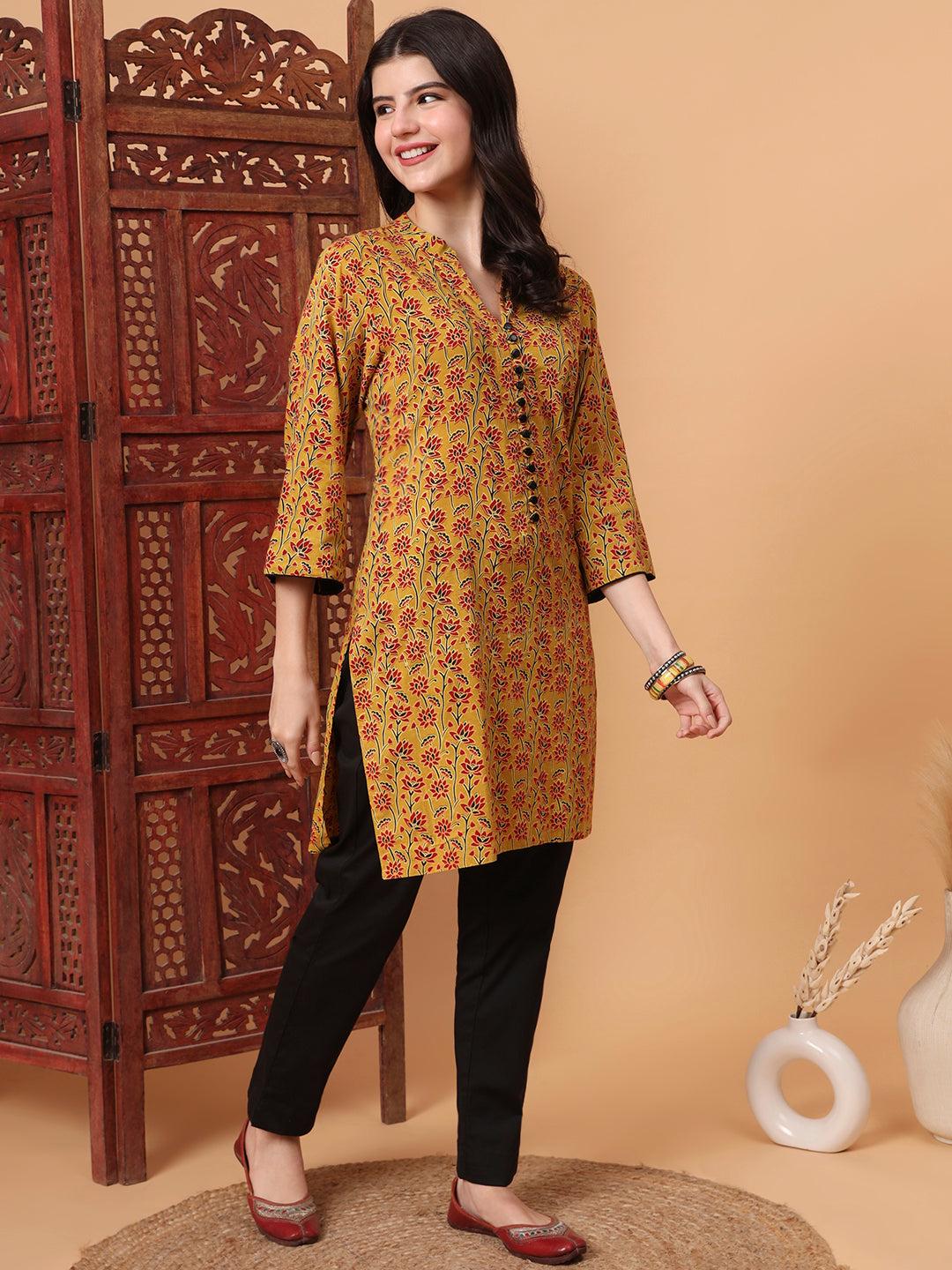 Women's Hand Block Prints Mustard Yellow Kurta 2003-B
