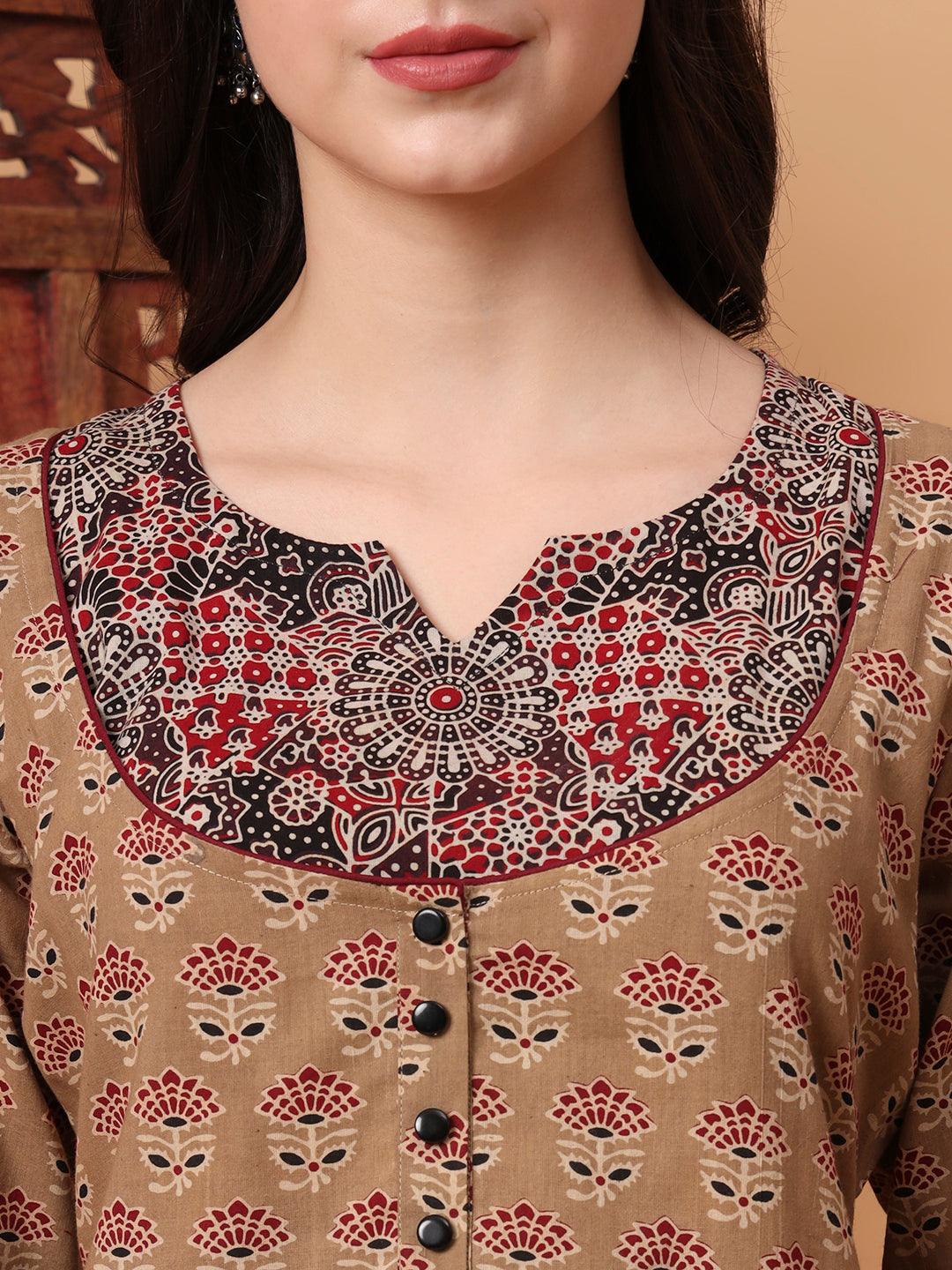 Women's Hand Block Print Beige Color Kurti S2006