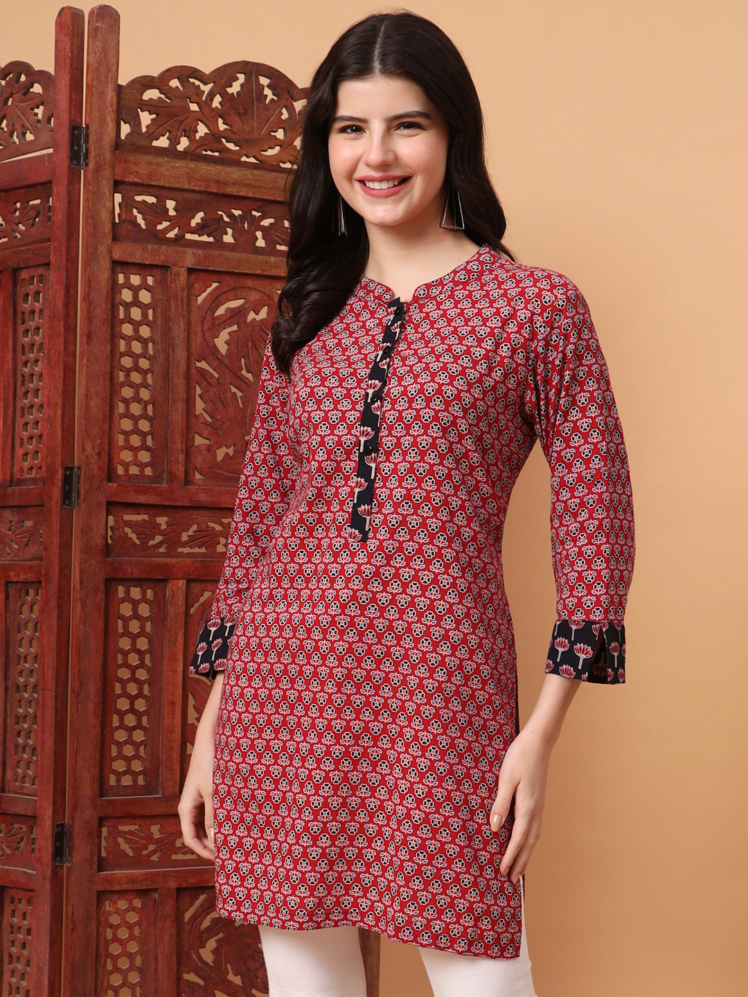 Women's Hand Block Vegetable Prints Red Color Kurti S2008