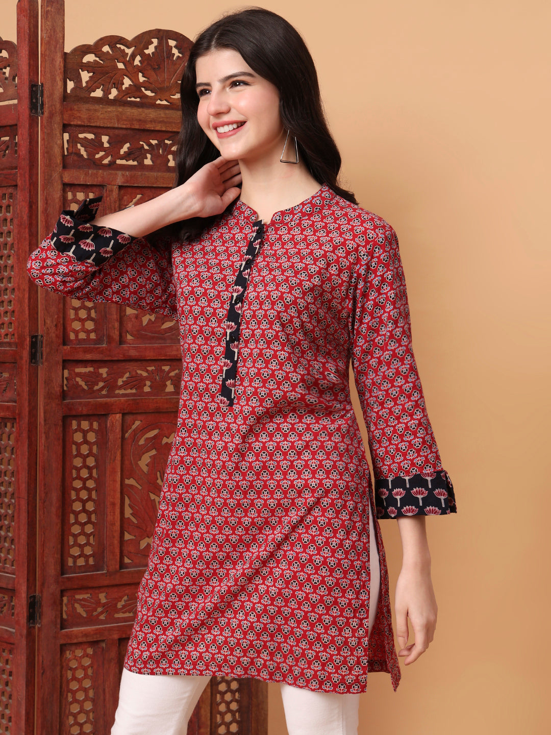 Women's Hand Block Vegetable Prints Red Color Kurti S2008