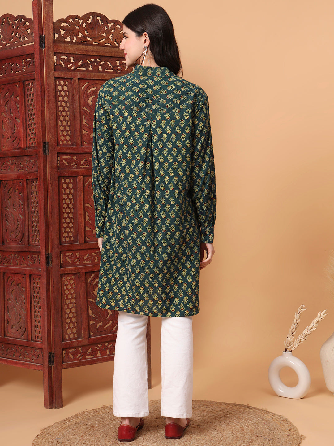 Women's Hand Block Vegetable Print Green Color Kurta S2010