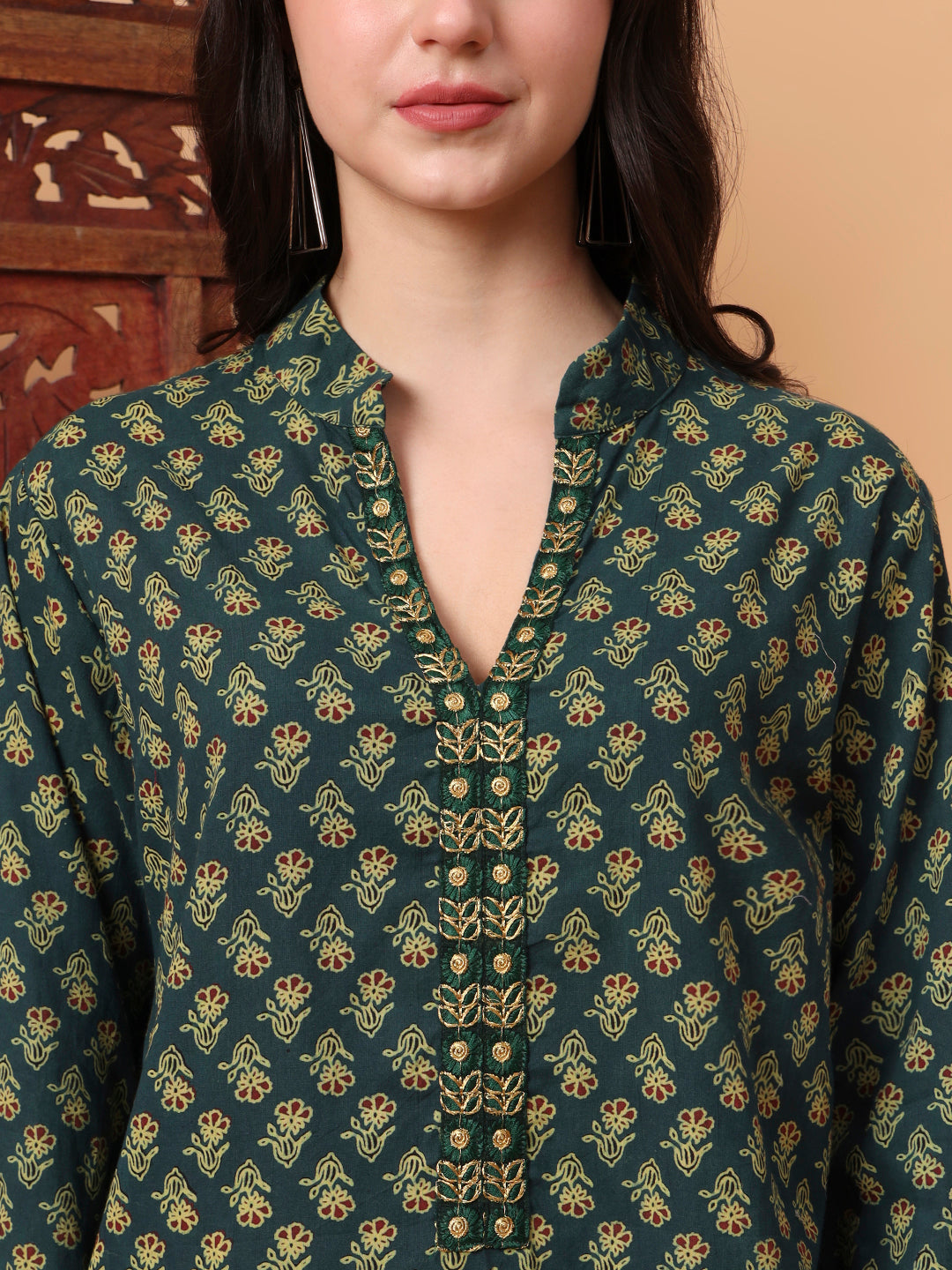 Women's Hand Block Vegetable Print Green Color Kurta S2010
