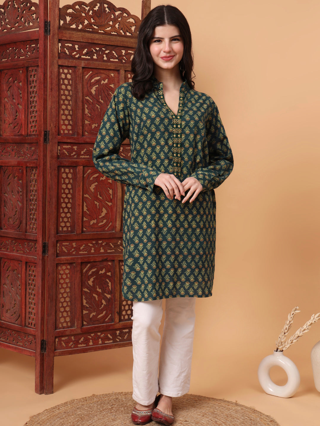 Women's Hand Block Vegetable Print Green Color Kurta S2010