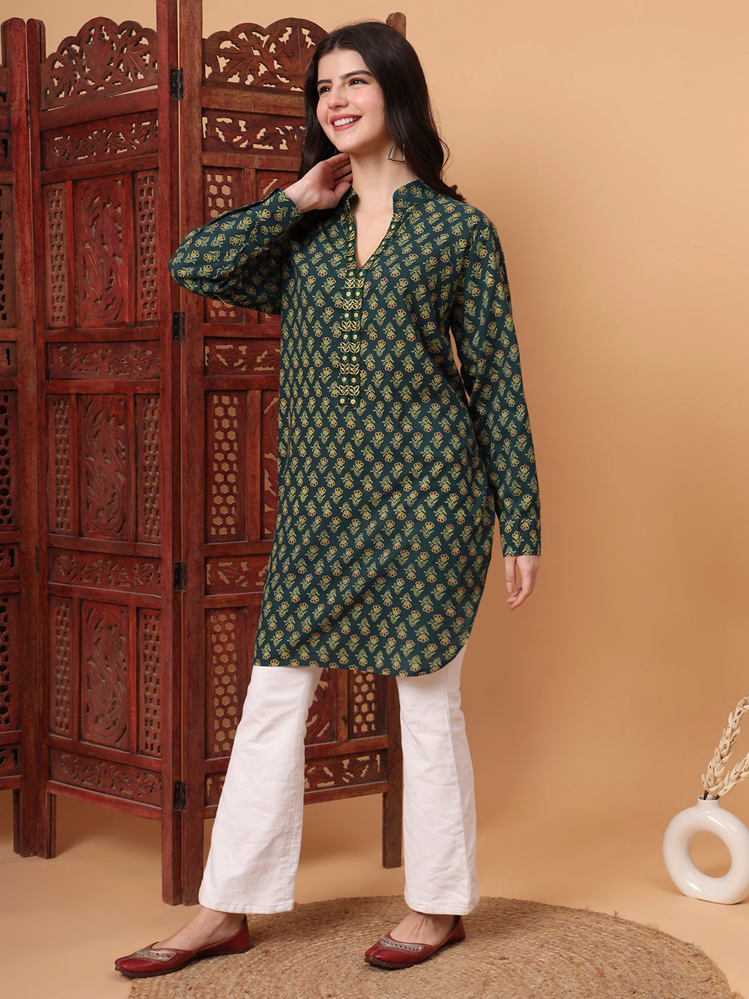 Women's Hand Block Vegetable Print Green Color Kurta S2010