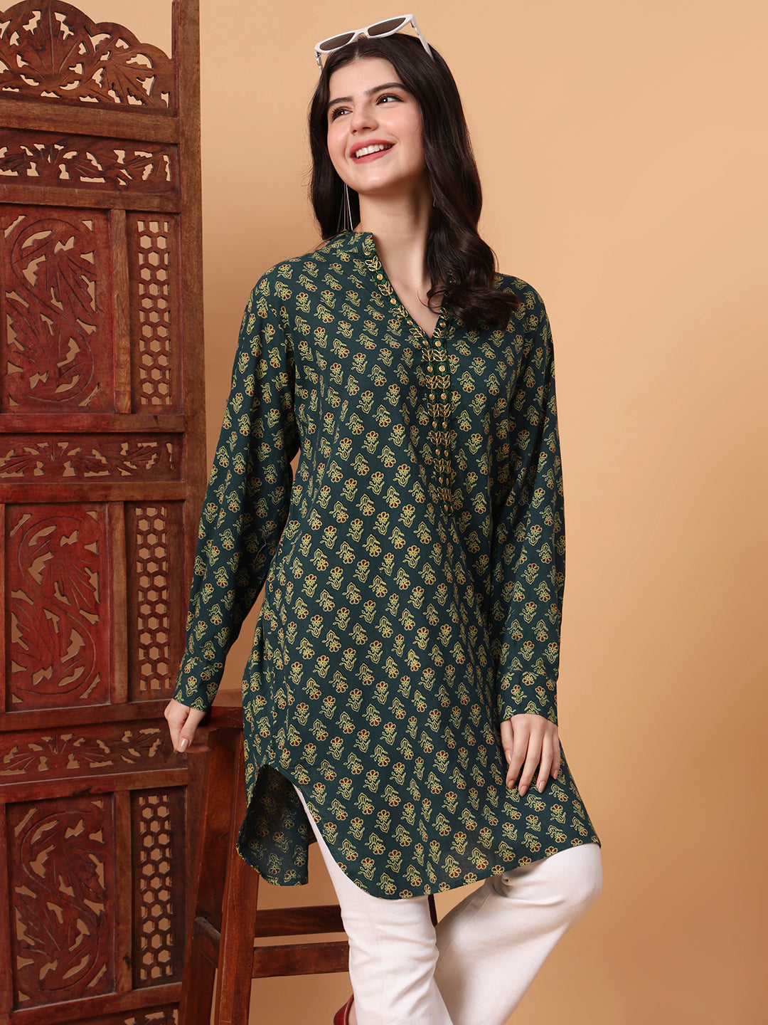 Women's Hand Block Vegetable Print Green Color Kurta S2010