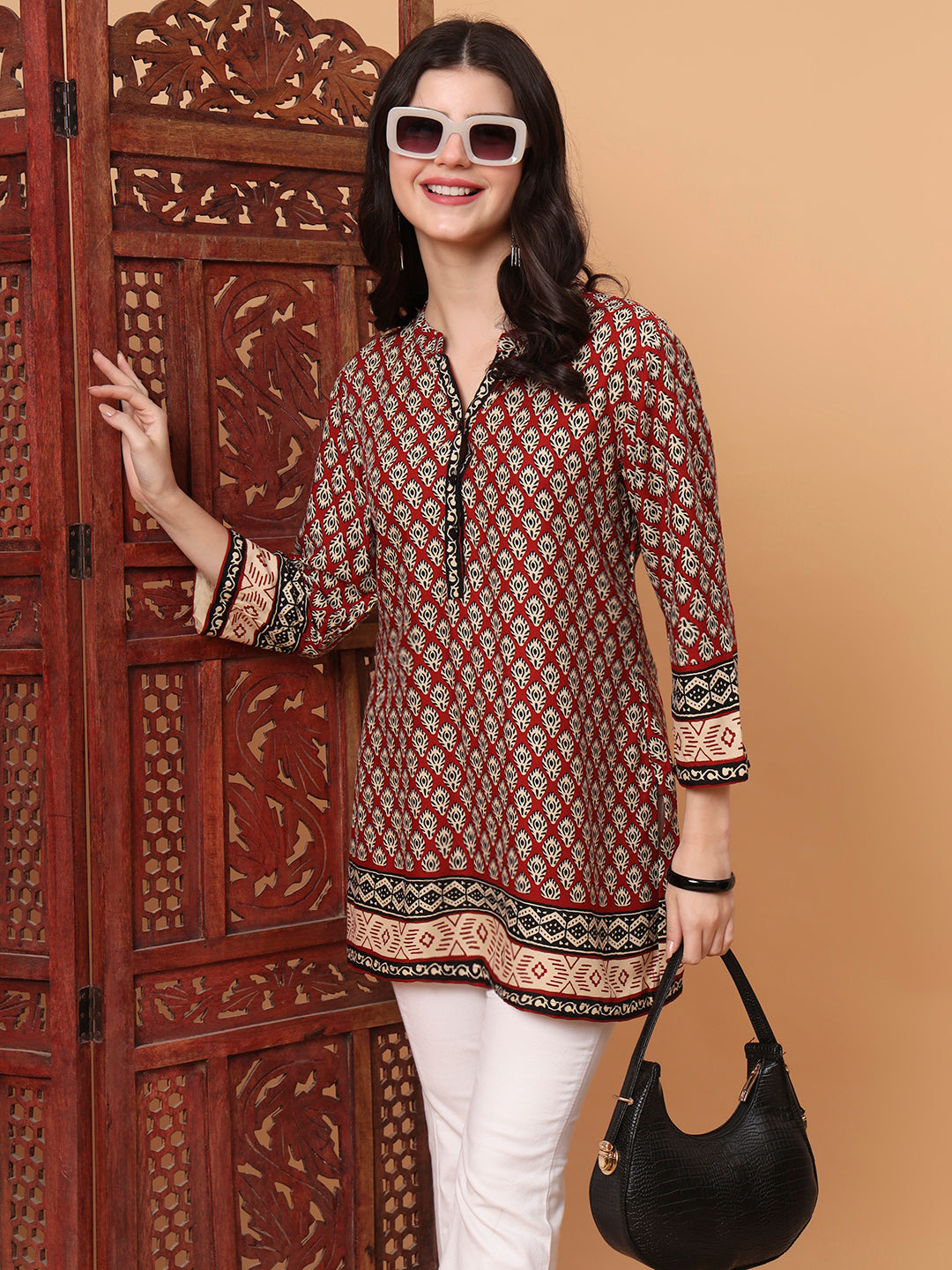 Women's Hand Block Print Beige And Maroon Printed Kurta S2011