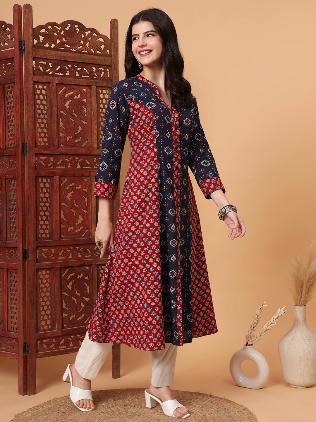 Women's Hand Block Vegetable Prints Kalidar Kurta S2001