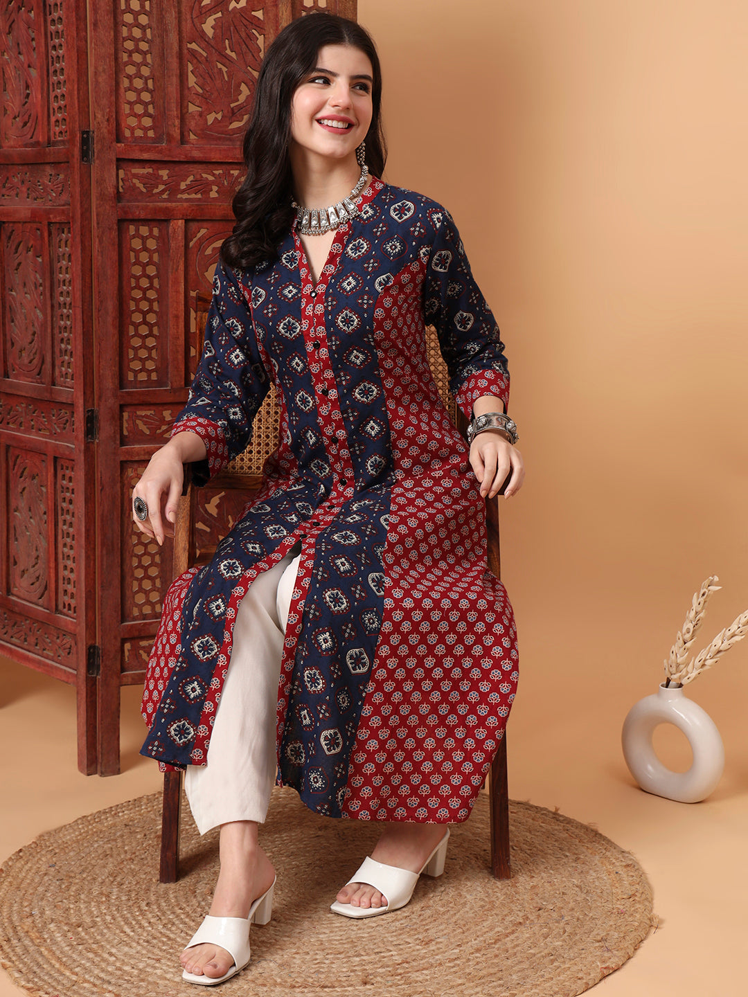 Women's Hand Block Vegetable Prints Kalidar Kurta S2001