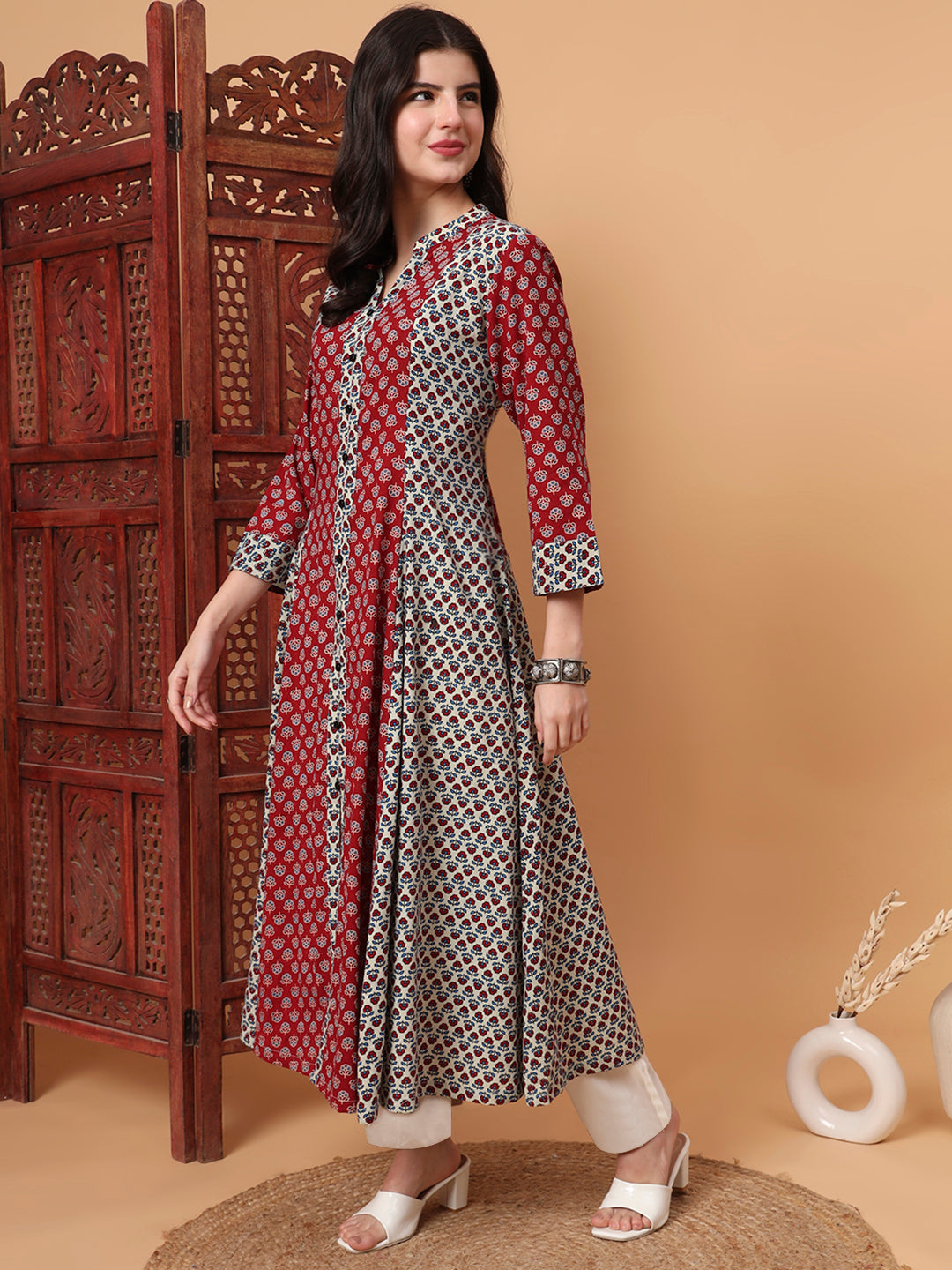Women's Hand Block Vegetable Prints Kalidar Kurta S2001-A