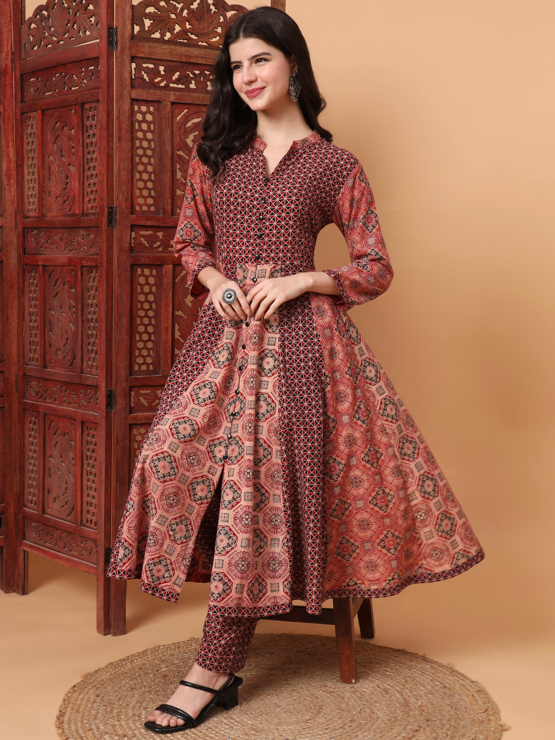 Women's Hand Block Ajrak Maroon And Orange Kalidar Kurta S2012