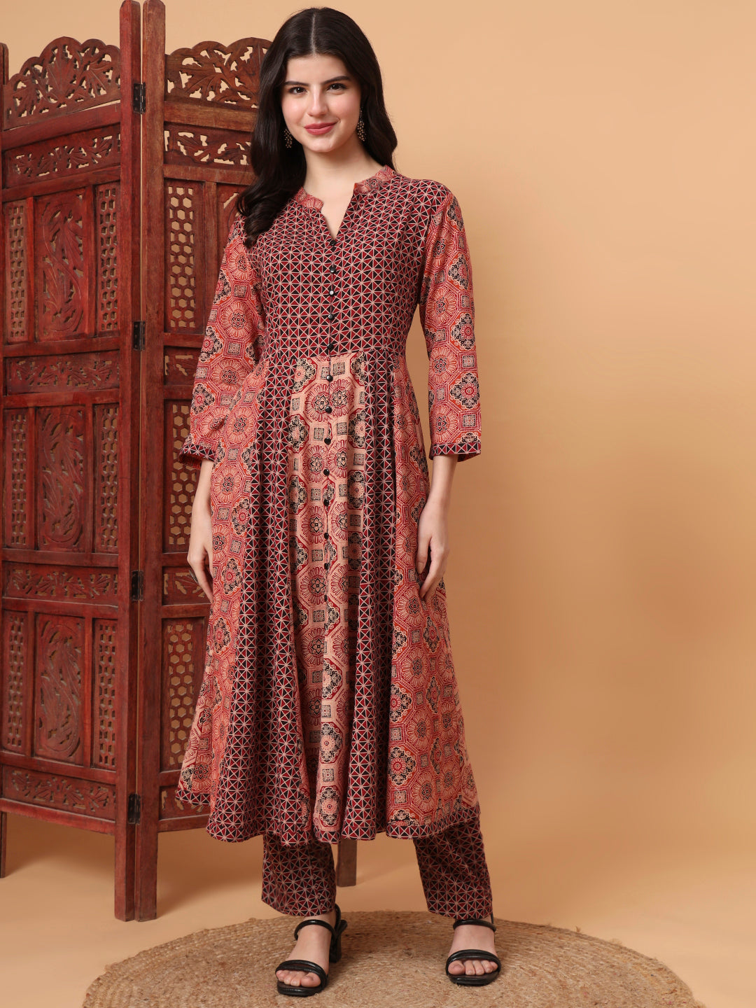Women's Hand Block Ajrak Maroon And Orange Kalidar Kurta S2012