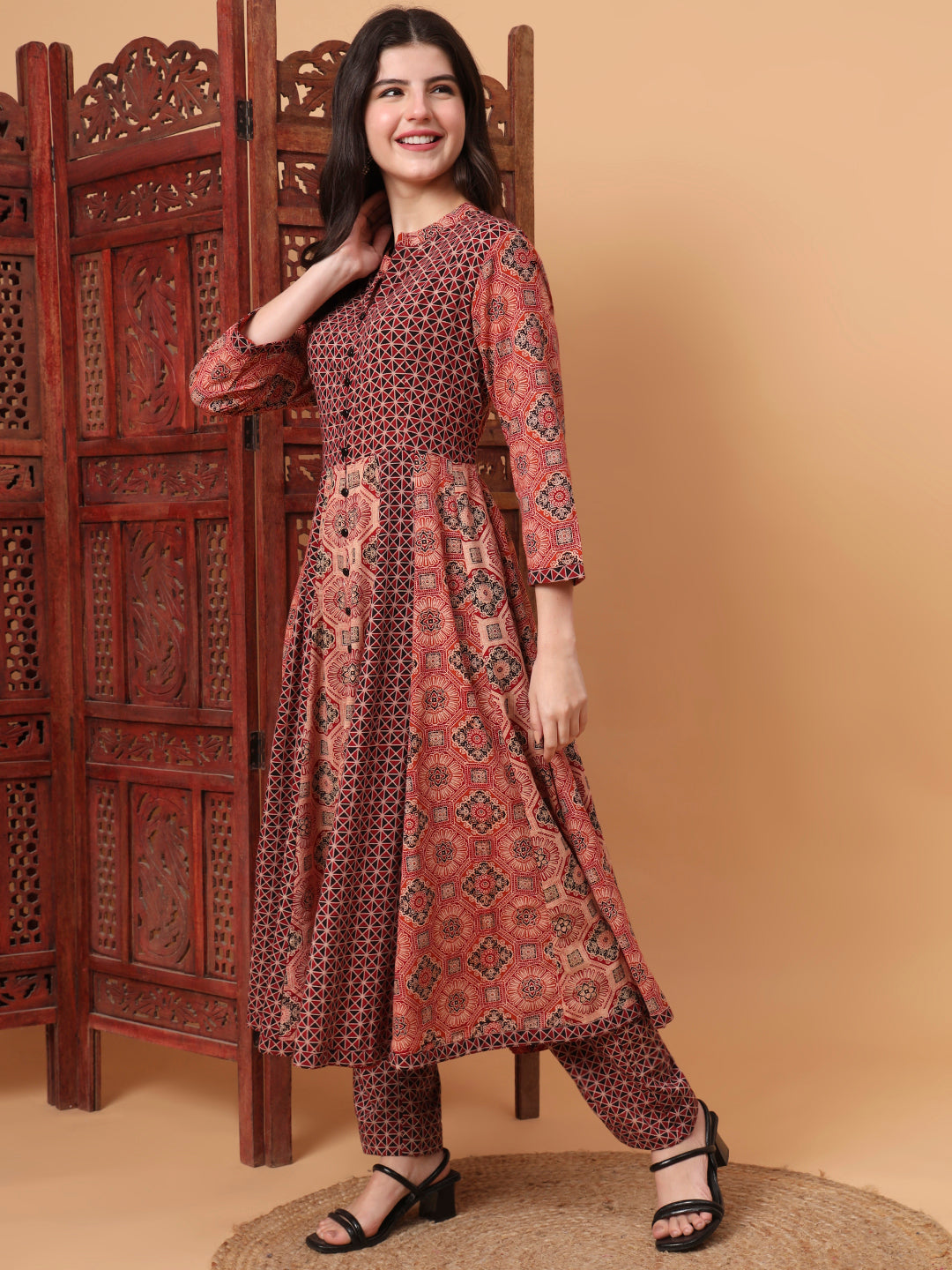 Women's Hand Block Ajrak Maroon And Orange Kalidar Kurta S2012