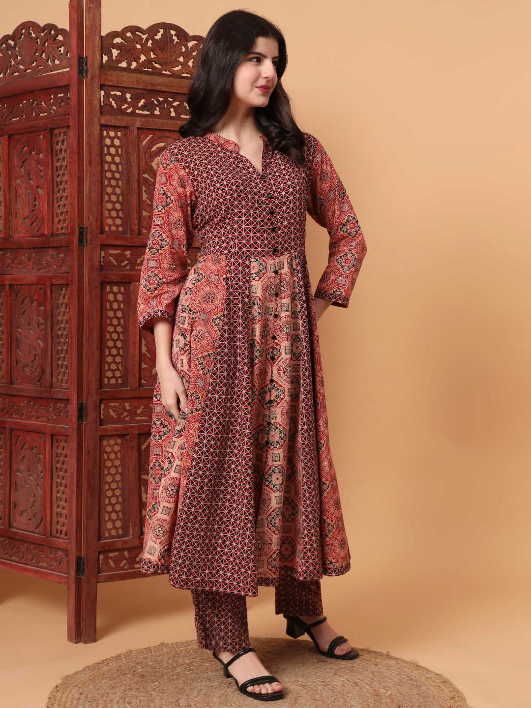 Women's Hand Block Ajrak Maroon And Orange Kalidar Kurta S2012
