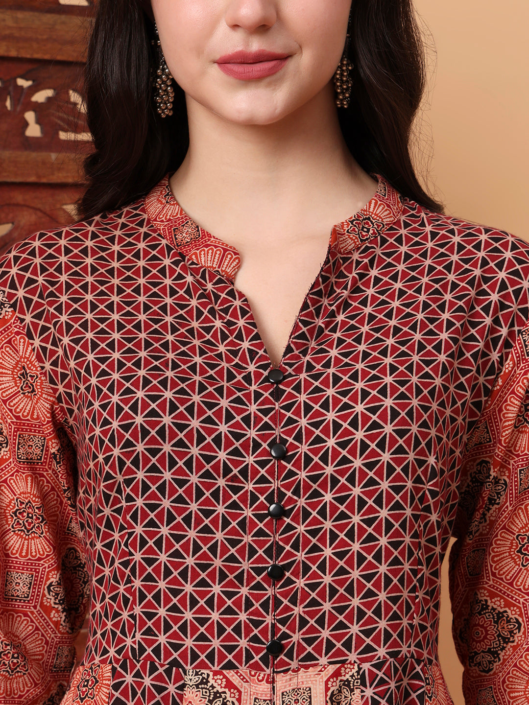 Women's Hand Block Ajrak Maroon And Orange Kalidar Kurta S2012