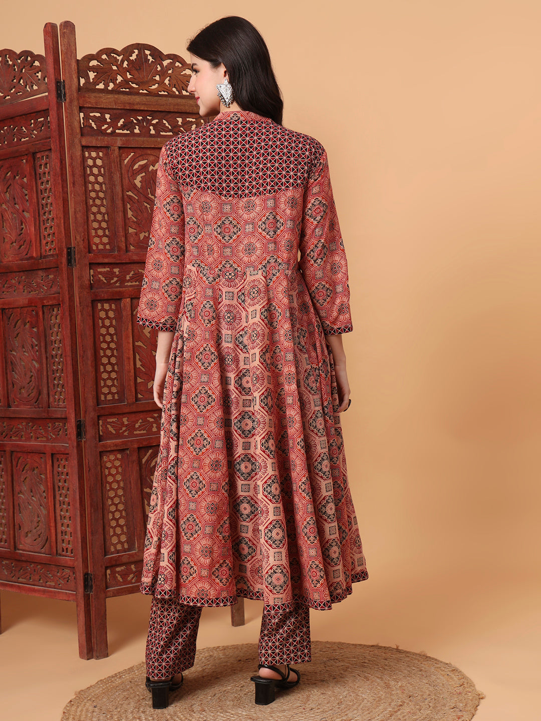 Women's Hand Block Ajrak Maroon And Orange Kalidar Kurta S2012