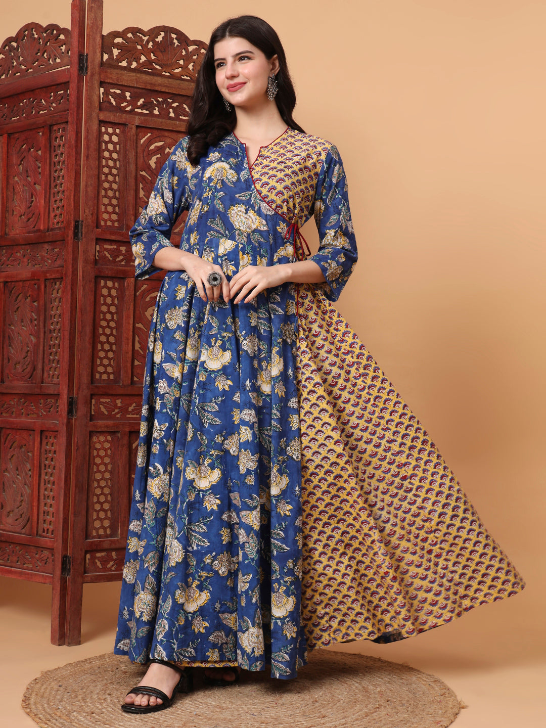 Women's Hand Block Bagru Prints Maxi Dress S2K101