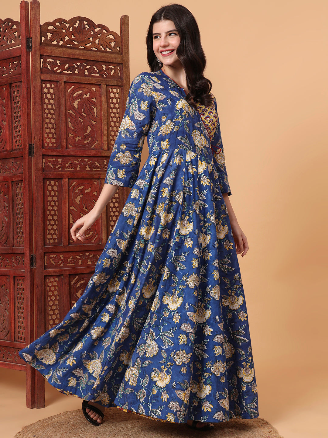 Women's Hand Block Bagru Prints Maxi Dress S2K101