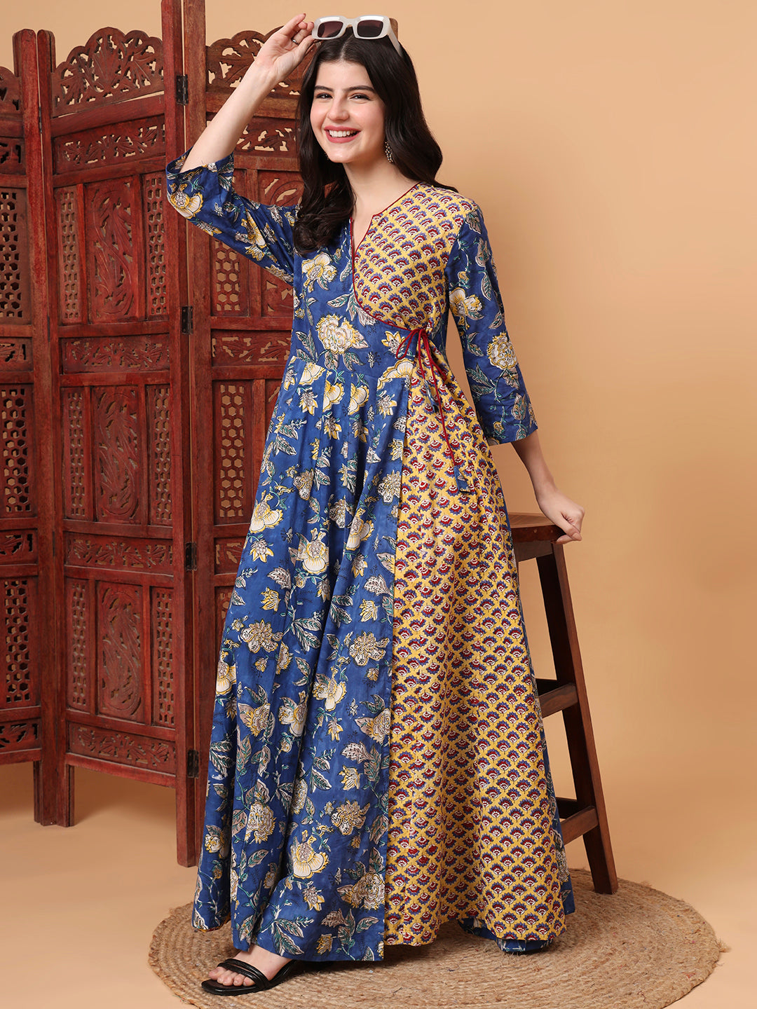 Women's Hand Block Bagru Prints Maxi Dress S2K101