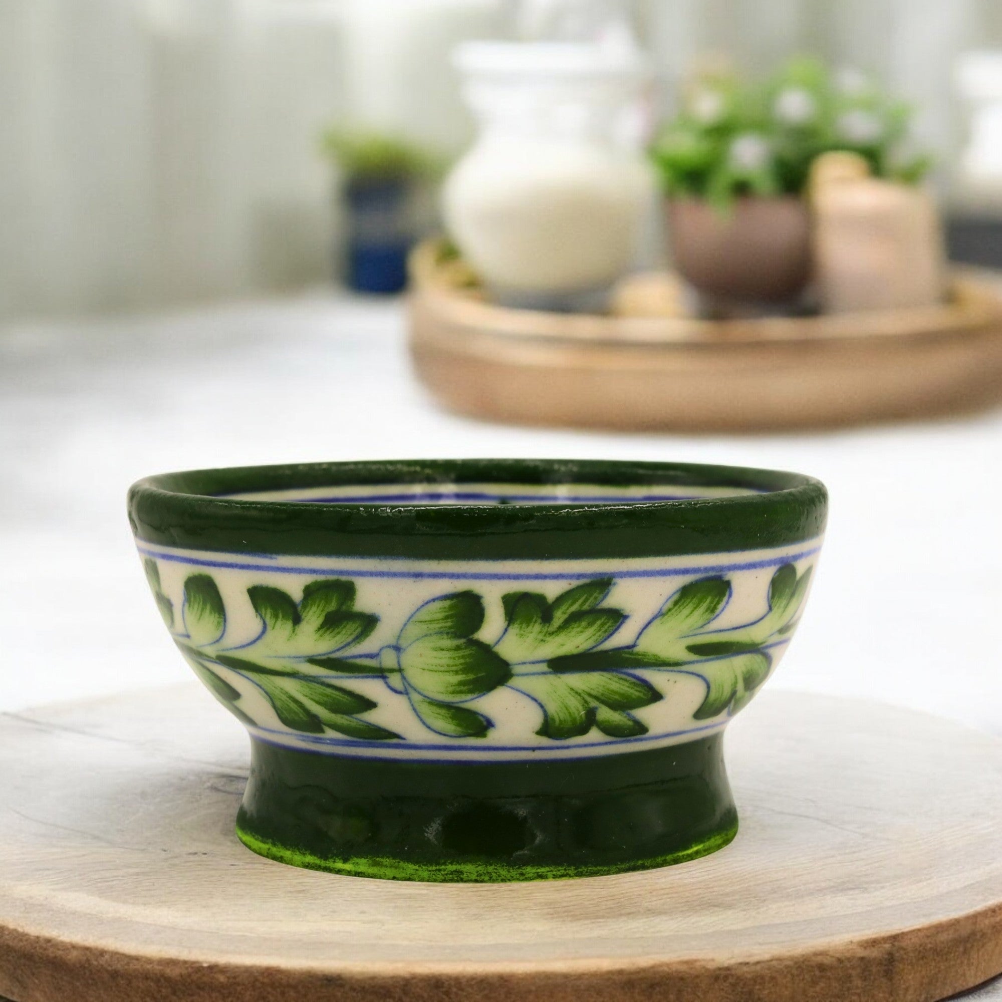 Blue Pottery Round Bowl - White and Green - Natriel