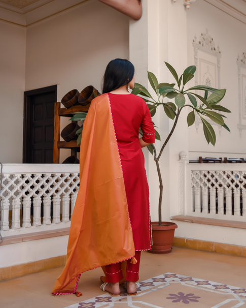 Women's Rose Red Suit With Contrast Dupatta - Indian Virasat USA