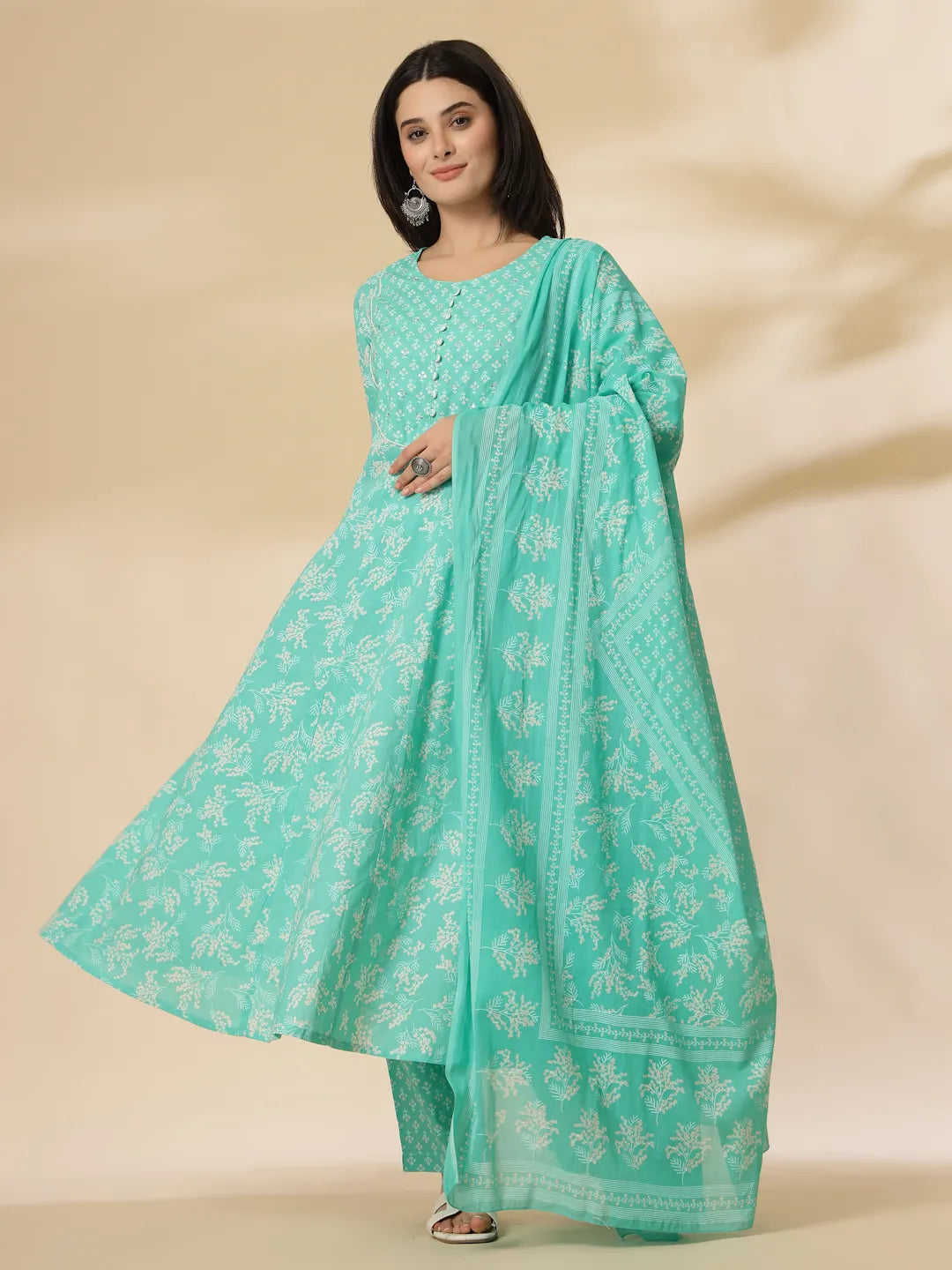 Women's Sea Green Cotton Anarkali Dupatta Pant Set – Trendia