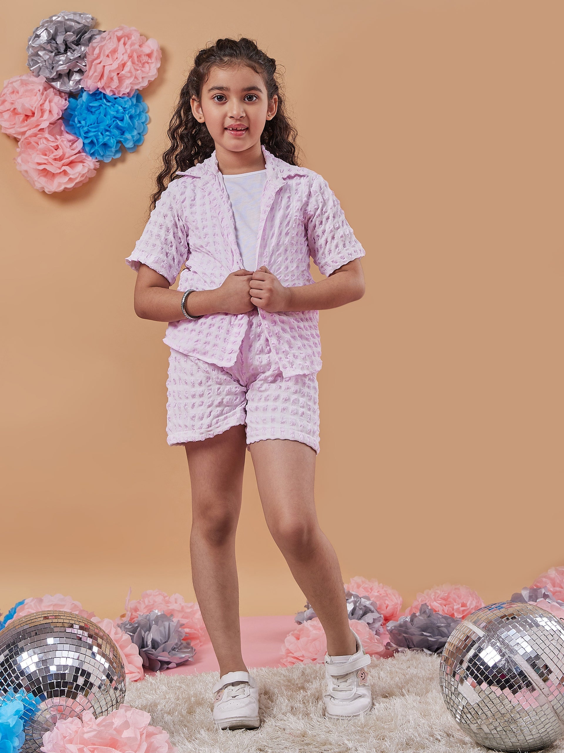 Girls Self Design Shirt With Shorts - PS Peaches