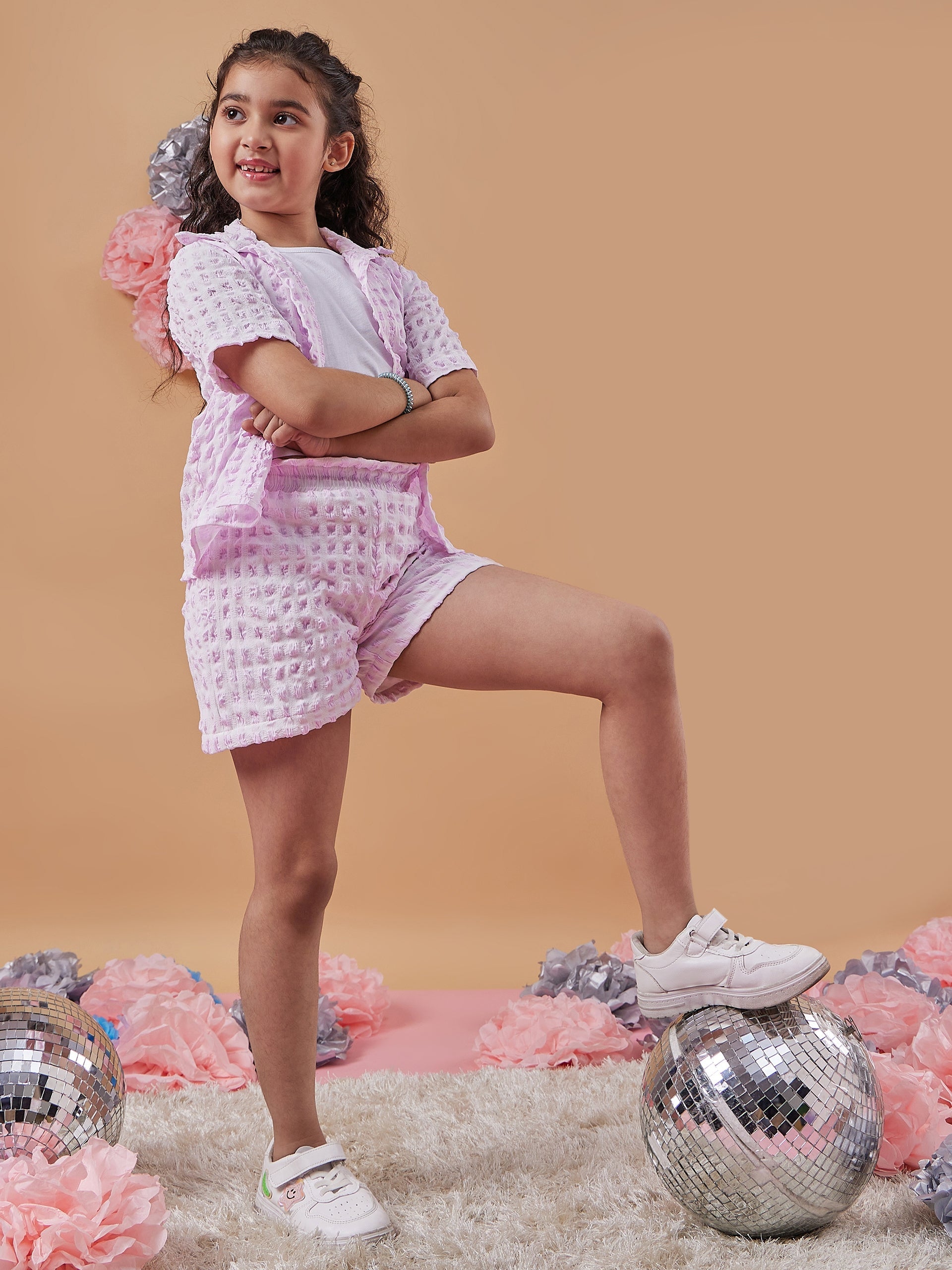 Girls Self Design Shirt With Shorts - PS Peaches
