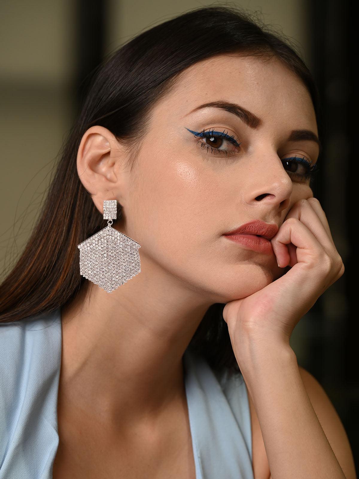 Women's Shimmering Structured Crystal Tassel Earring