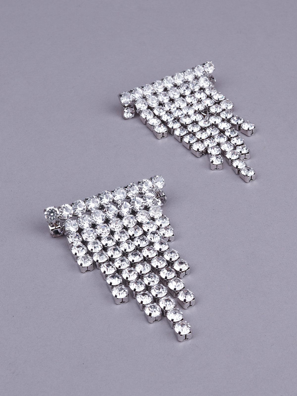 Women's Shinning Crystal Studded Statement Earrings- Silve