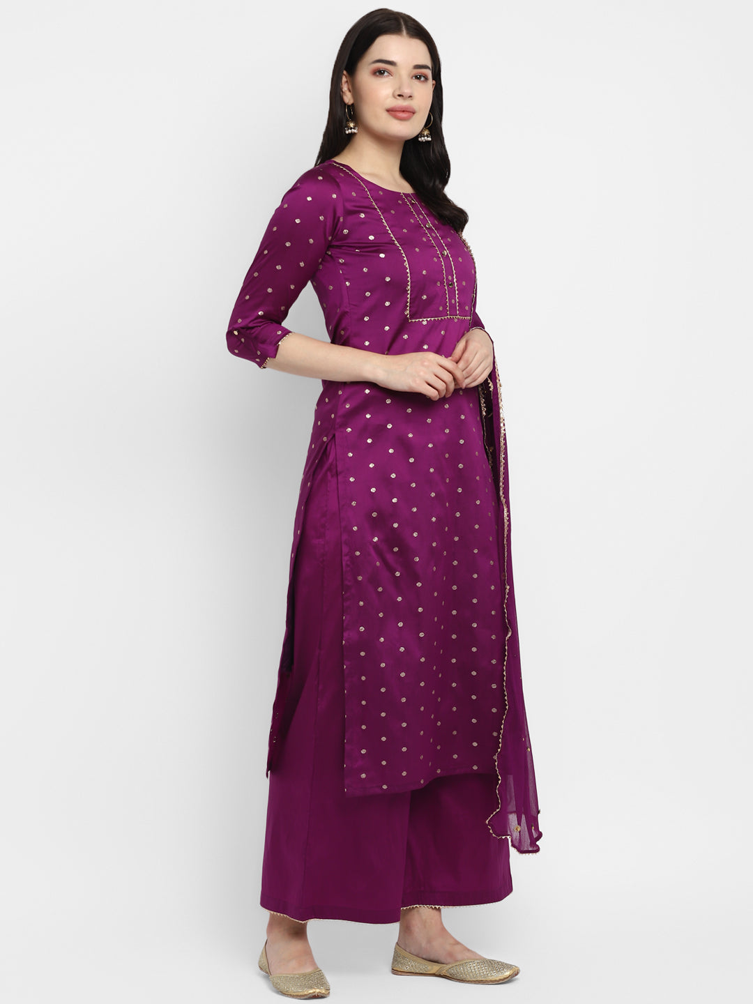 Women's Brinjal Color Polyster blend Self Design Kurta Pant With Dupatta