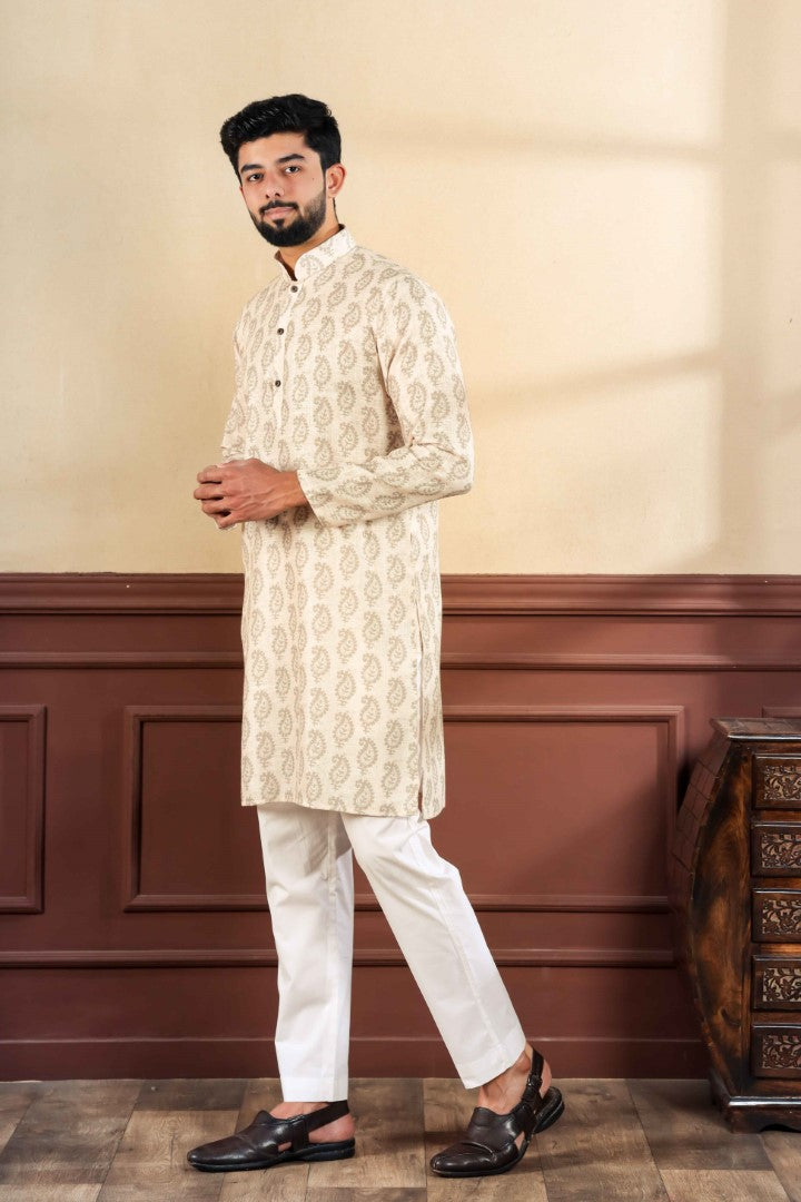 Men's Cream Linen Solid Kurta Set - Panjari Store